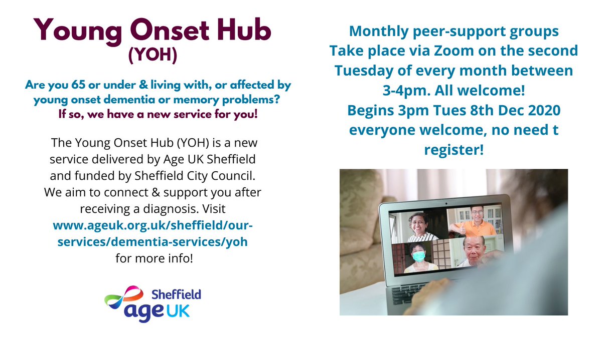 ageuksheffield's tweet photo. Tomorrow we'll host our very first monthly peer support group as part of our new Young Onset Dementia Service. These will take place via Zoom on the second Tuesday of every month between 3-4pm. More details here: https://t.co/evRWrlkcpW Please share with anyone who may benefit 🥰 https://t.co/iFAzLbD2xr