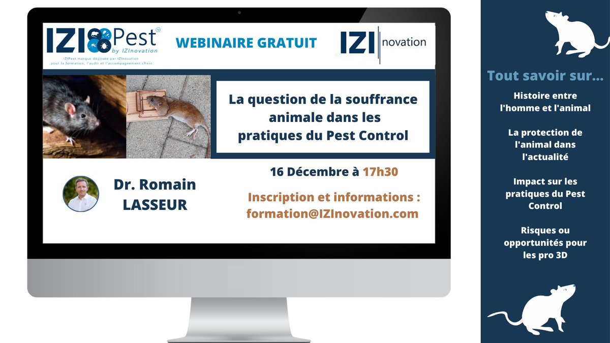 IziPest's tweet photo. 💻 Webinaire Gratuit 💻

Nous continuons nos webinaires gratuit !

Le thème ? : La question de la souffrance animale dans les pratiques du Pest Control

📅 Le 16 Décembre 
⌚️ 17h30
Pour s'inscrire : 
https://t.co/KSKayMXgK0 https://t.co/nJUZucGTv2