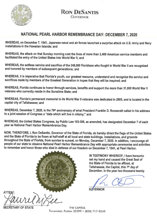 On this day that will forever live in infamy, we remember and pay tribute to the more than 2,400 American service members who lost their lives during the surprise attack on Pearl Harbor. May their sacrifice and service to our great nation never be forgotten.