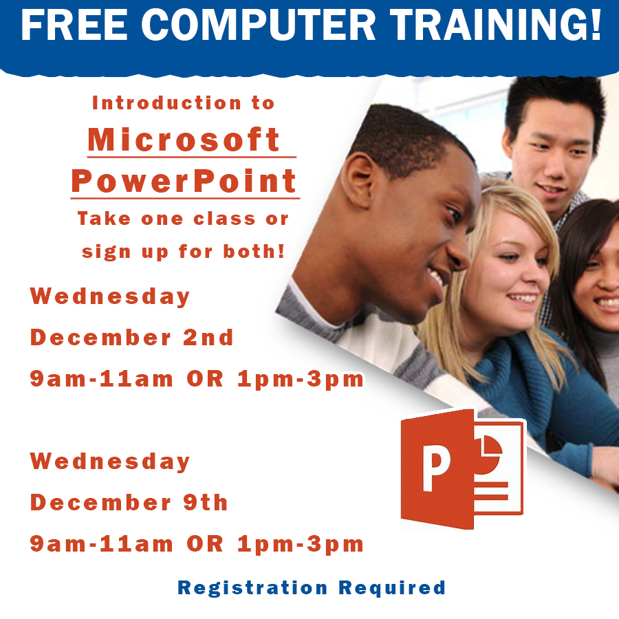 goodwillsquad's tweet photo. FREE COMPUTER TRAINING!
MICROSOFT POWERPOINT
Registration required.

Wed. Dec.9th
9a – 11a. 419-627-4475 to register or;
1 p -  3 p. 419-625-4744, Ext. 2017 to register. https://t.co/arfxrFT8Am