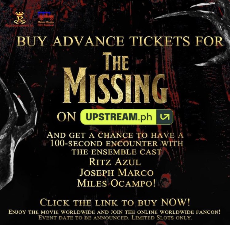 JMEliteSquadOFL's tweet photo. Purchase you own TODAY here: https://t.co/q9hmaqp7xA

It's now your chance to buy #TheMissingHORRORMMFF advance tickets on https://t.co/4VtVZZpe1r plus win a chance to get a 100-second encounter with the cast of #TheMissing - Joseph Marco, Miles Ocampo and Ritz Azul! https://t.co/rygNRNxxgx