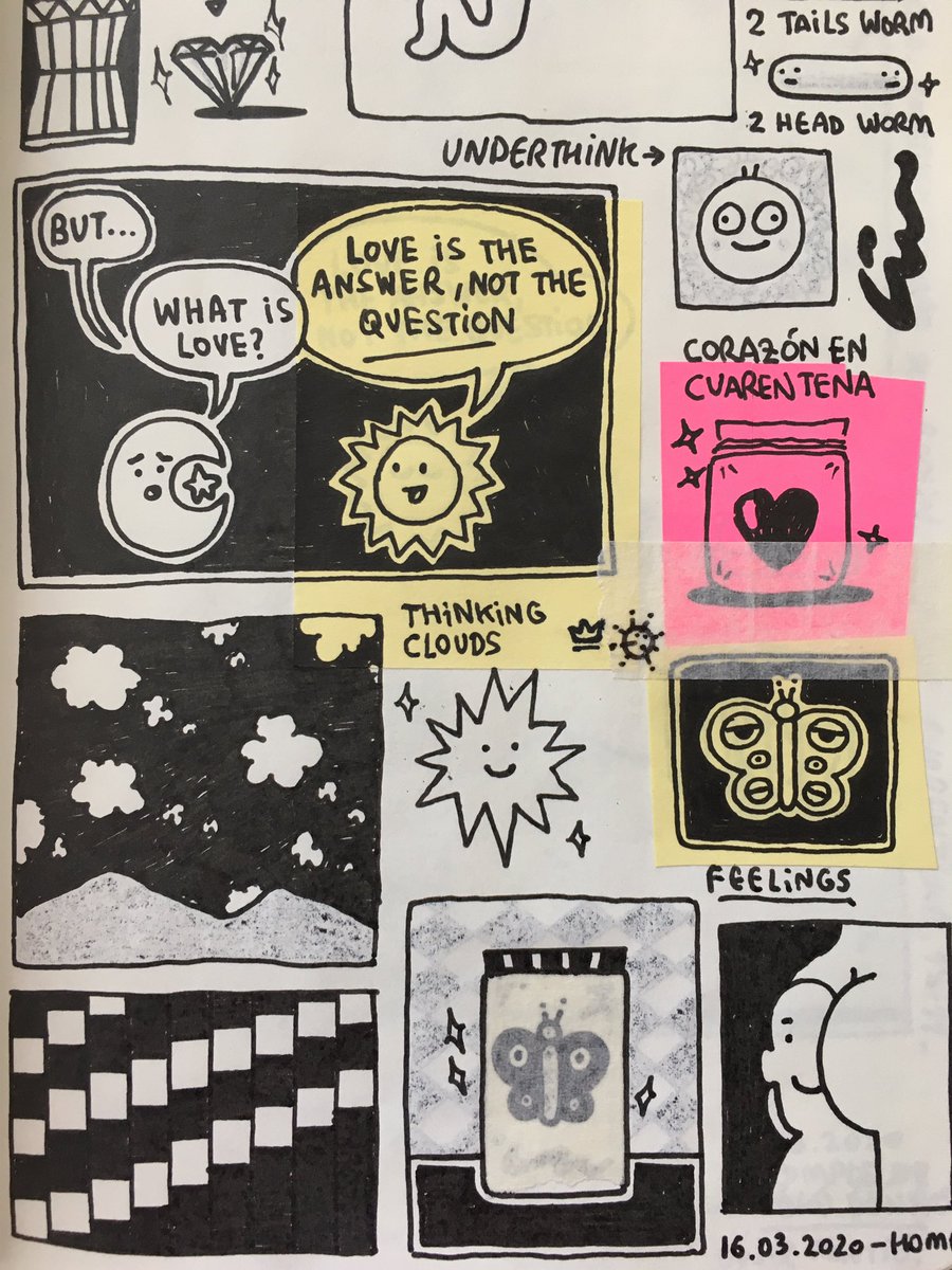 on this sketchbook i used a lot of sticky notes to correct stuff/add color. and also managed to do a 'grey color' by painting the other side of the page, so it translates (pic 3) 