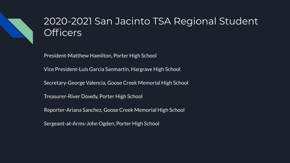 SanJacTSA's tweet photo. CONGRATULATIONS to each of the TSA Regional Officers!  @AldineCTE @NationalTSA https://t.co/xpPV3rVKGo