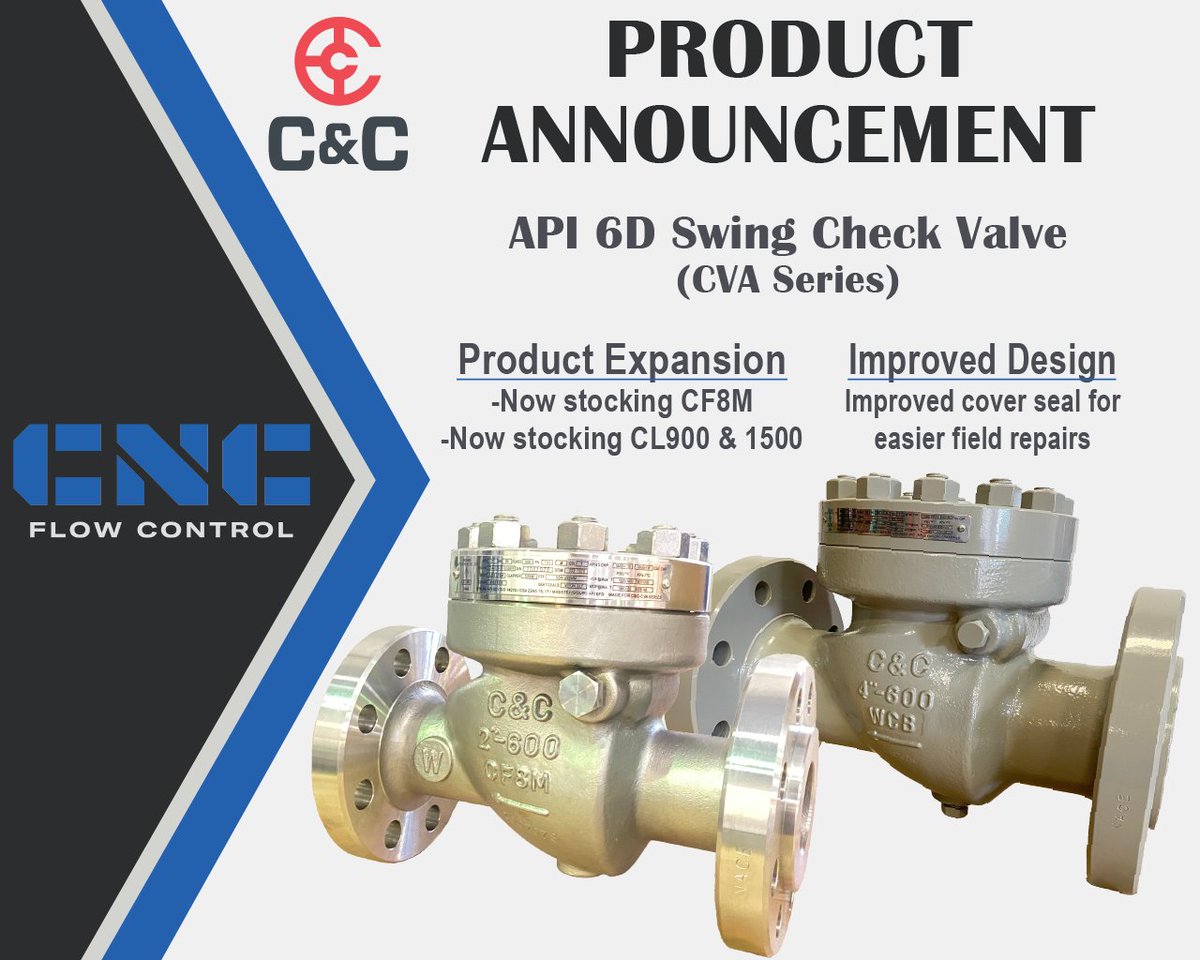We now stock our API 6D swing check in CF8M and up to CL1500! Reach out to our sales team at 844-398-6449 for a quote today.

#ProductExpansion #CustomersFirst #CheckValve #Announcement