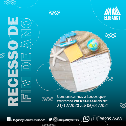 ElegancyForros's tweet photo. RECESSO DE FIM DE ANO

COMUNICAMOS A TODOS QUE ENTRAREMOS EM RECESSO A PARTIR DO DIA 21 DE DEZEMBRO E RETORNAREMOS DIA 06 DE JANEIRO DE 2021.
DESEJAMOS A TODOS BOAS FESTAS E SUCESSO NO ANO NOVO!!! https://t.co/4DPCdVQBPX