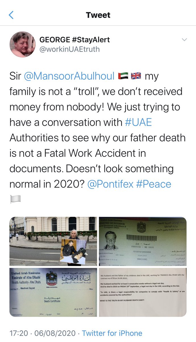 workinUAEtruth's tweet photo. @HHAhmedBinSaeed Your highness @MohamedBinZayed, Sir @MansoorAbulhoul🇦🇪🇬🇧 and all the #Emirati: our Christian father died working honest for you country! He received from #UAE🇦🇪 only hate for his supreme sacrifice! #GOD bless #UAE and #DivineJustice will do justice on the 🌍. @HumanFraternity 🙏 https://t.co/YEVLIYCcgg