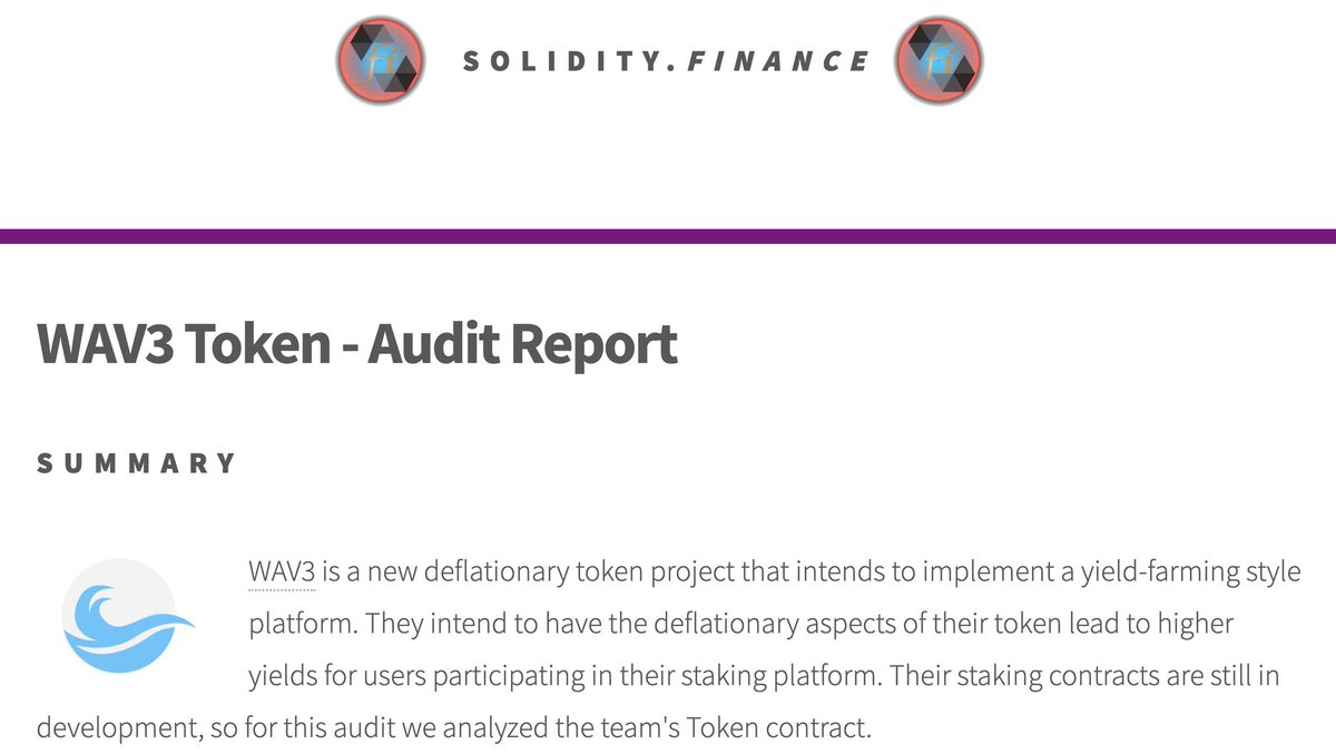 $WAV3 Token 

Bookmark tabs Contract: 0x14c38E90A593B0Bd5b7E9896A8EF4AE0a119D6aE

White heavy check mark Audited by 
<a href="/SolidityFinance/">SourceHat - Web3 Security</a>

👁 Proof: solidity.finance/audits/WAV3/