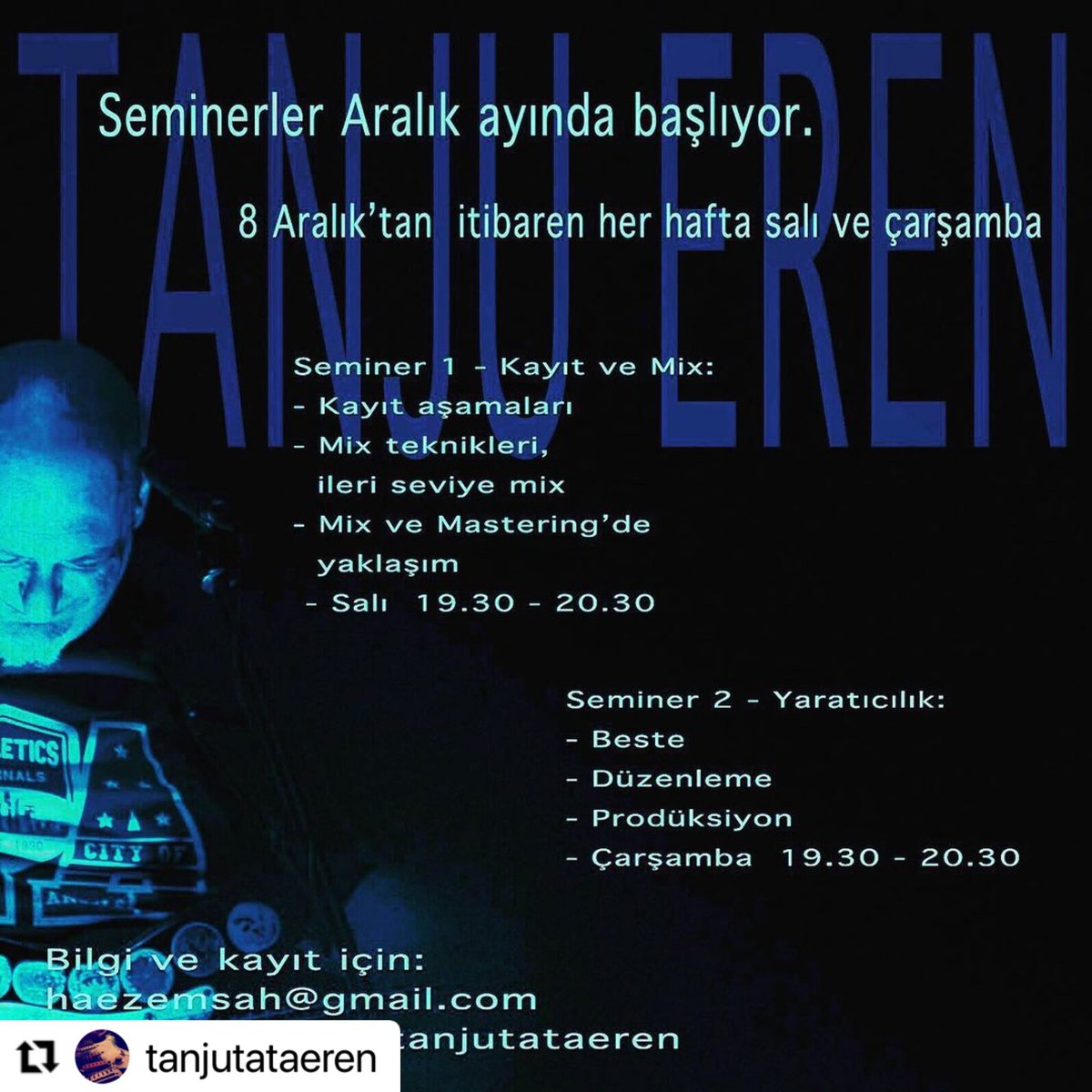 Yarın saat 19:30-20:30 arası müzik yapım işinin duayenlerinden sevgili ortağım Tanju Eren @tanjutataeren  online seminerlere başlıyor. Tüm dünyada yapılan seminerler nedense yurdumuzda yapılmıyor. #onlineseminer #müzikyapım #miks #mastering