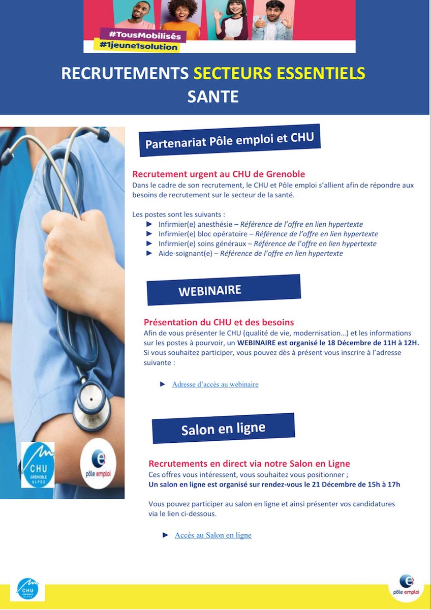 Afin de répondre aux besoins urgents personnels de santé, un WEBINAIRE et un Salon en ligne sont organisés par Pôle emploi en lien avec le CHU de Grenoble. Intéressé ? Contacter nous @IserePole @poleemploi_ara <a href="/LeDL_Grenoble/">Le Dauphiné Libéré Grenoble Sud Isère</a>