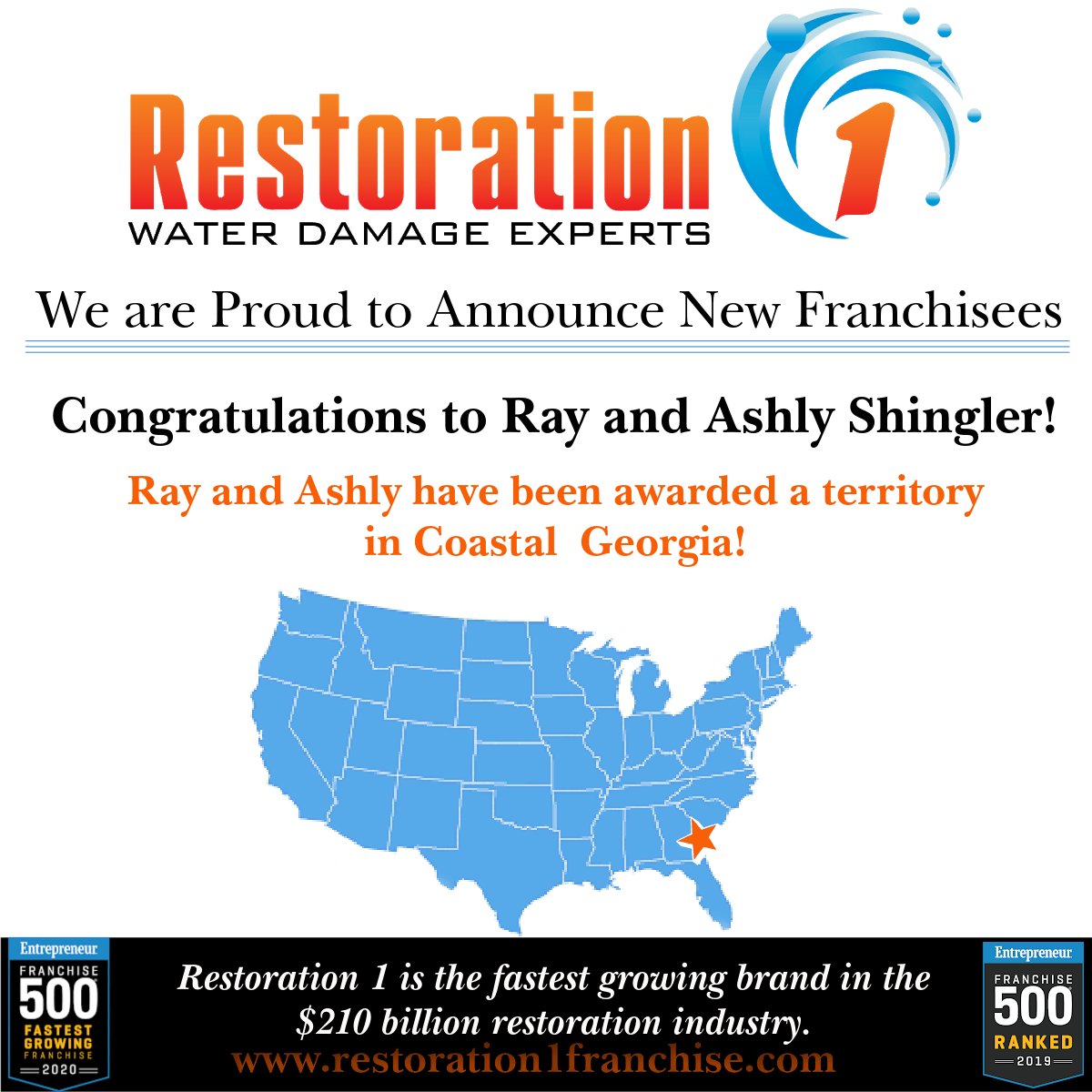 Restoration1HDQ's tweet photo. We are excited to share we have new Franchisees in Coastal, Georgia. Please join us in welcoming Ray and Ashly Shingler to the R1 team. Welcome to the team! #entrepreneur #beyourownboss #restoration #water #fire #mold https://t.co/7M4BUjTLoT