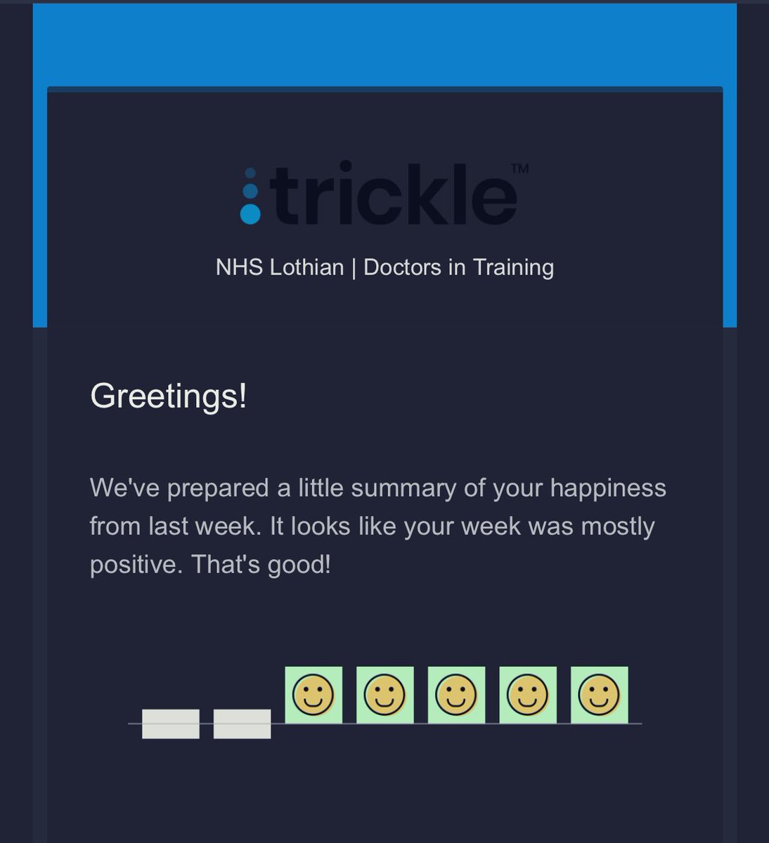 Alan_Mackenzie's tweet photo. Great ‘How was your week’ summary email this morning from @trickleworks as part of the pilot for Doctors in Training in @NHSLothianMedEd - get involved, download trickle, start logging each day
#reflecting #goodday #patterns #improvement https://t.co/QqD4SYnniv