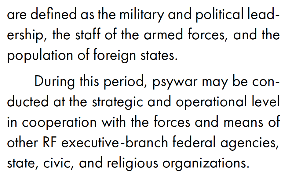 One GRU lecturer candidly states the fact: there really is no philosophical distinction anymore between war and peace, only differences at the strategic and operational levels. Psychological operations are therefore *constantly* waged against the West. And then there is this: