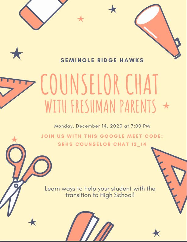 RidgeAcademies's tweet photo. All parents of ninth grade students are invited to Counselor Chat on Monday, December 14th at 7pm on google meet. We will be discussing the transition to high school and how to support your student! Please join us!! https://t.co/KxnPM8fjGH