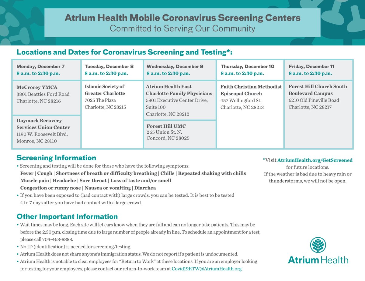 Mark4thePeople's tweet photo. FREE COVID-19 testing locations for Atrium Health. Additional sites include Bojangles Coliseum 10am-5pm & NW Health Dept. 2845 Beatties Ford Rd 10am-5pm! Please stay safe! Remember to WAIT 6 FEET, WEAR A MASK, WASH YOUR HANDS & AVOID LARGE GATHERINGS! #mark4thepeople #maskupmeck https://t.co/GEiy6n7jBJ