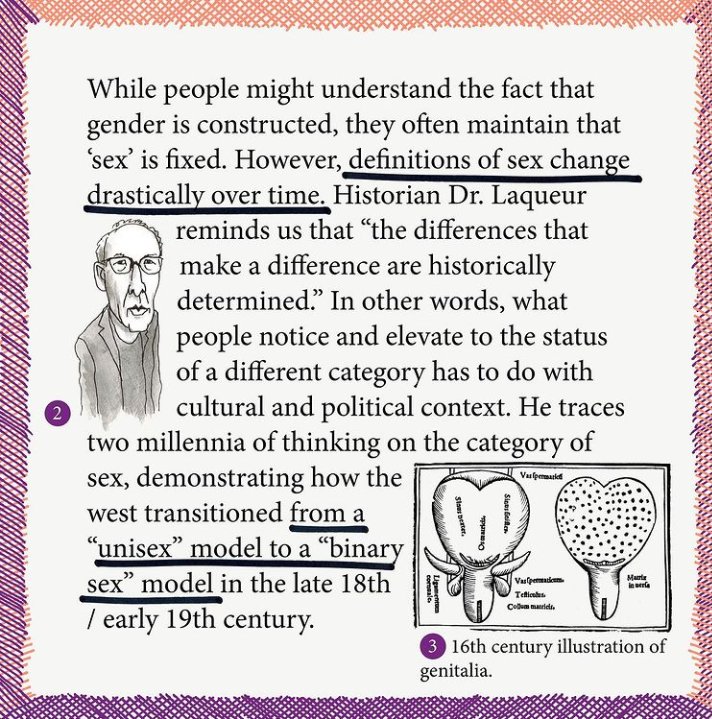 While people might understand the fact that gender is constructed, they often maintain that "sex" is fixed. However, definitions of sex change drastically over time. Historian Dr. Laqueur reminds us that "the differences that make a difference are historically determined" (3/11)