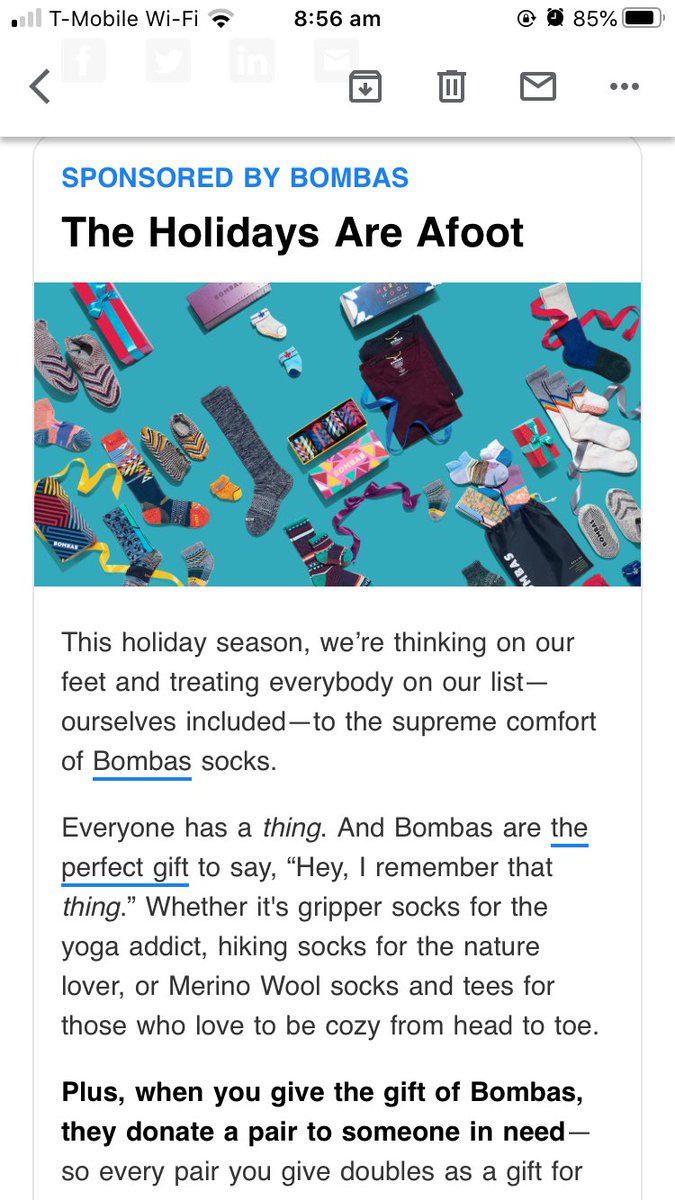 tor_newell's tweet photo. Pretty cool to see Bombas in today’s Morning Brew. Did those free pairs of socks that we were talking about ever come in? 🤔 #bcstt https://t.co/wUm60xxsXp