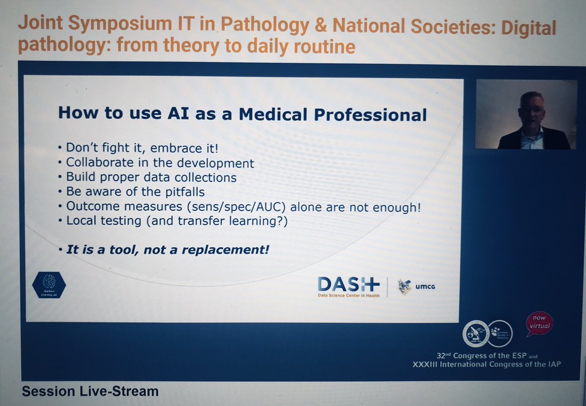 Embrace AI, but we aware of pitfalls. It is a tool, not a replacement! This is what radiologists advice us (Peter Van Ooijen) #virtualpathology2020