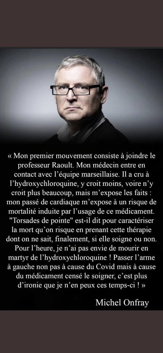 Vous vous rappelez le pamphlet d’Onfray sur l’hydroxychloroquine? Raoult le “héros qui a choisi la vie”; le pouvoir de mèche avec BigPharma, qui a “opté pour la mort des gens” afin de faire grimper le prix des médocs, tout ça...
Et puis Michel Onfray a attrapé le Covid... Lisez⤵️