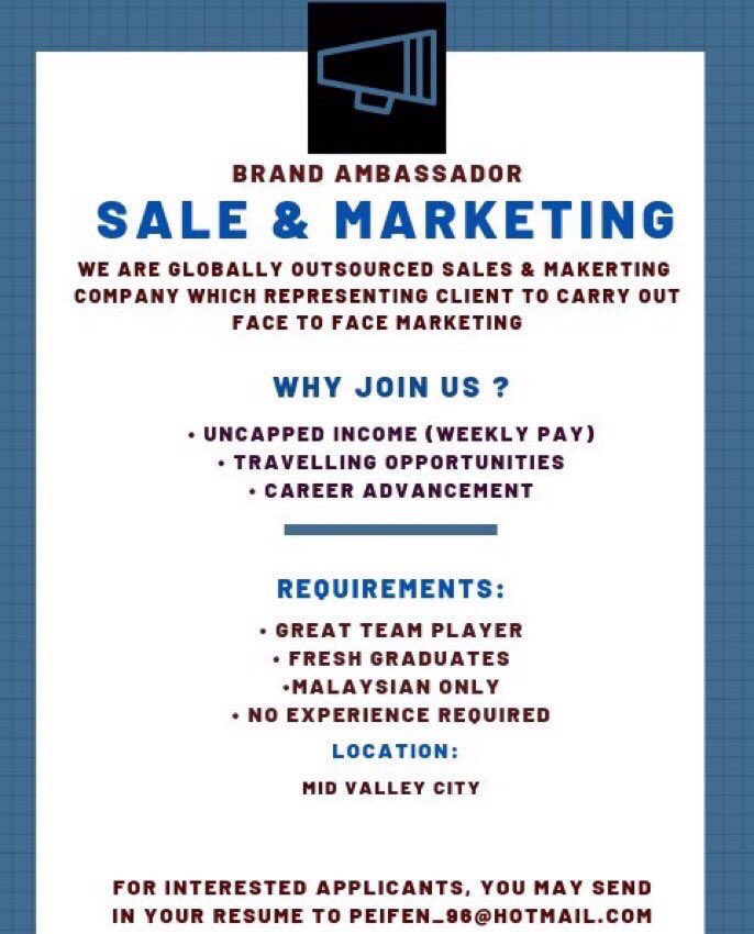 fennicelee's tweet photo. IMMEDIATE HIRING!  Please help to RT this advertisement. Thanks! 
@Oh_KerjaKosong @MauKerjaMY   @Twt_IklanKerja  @kerjakosong123 @Jobkerjaya @haikerja @jomkerjamy  @KerjaOh @Twt_MKHcareer @twt_kerjaMY  #fulltime #sales #vacancies https://t.co/vqE5fmIQuP