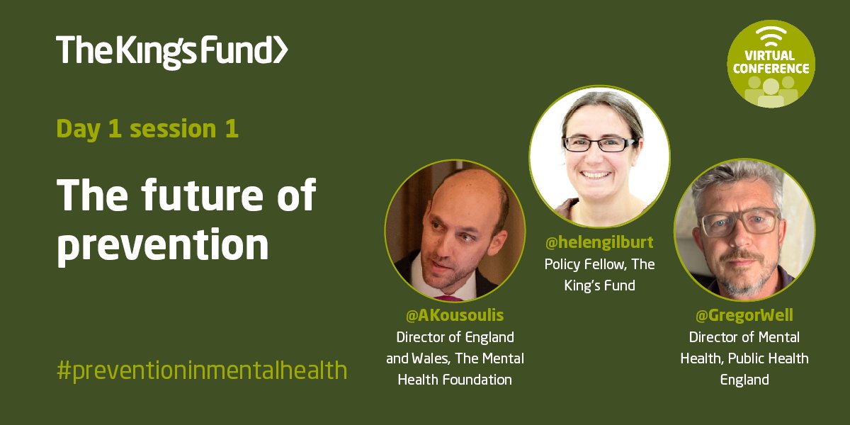 We kick off the #PreventionInMentalHealth conference with our first session on the future of prevention with <a href="/helengilburt/">Helen Gilburt</a>, <a href="/AKousoulis/">Dr Antonis Kousoulis</a> and <a href="/GregorWell/">Gregor Henderson</a>: kingsfund.org.uk/events/prevent…