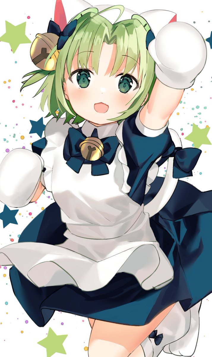 1girl solo green hair bell apron cat hat green eyes  illustration images