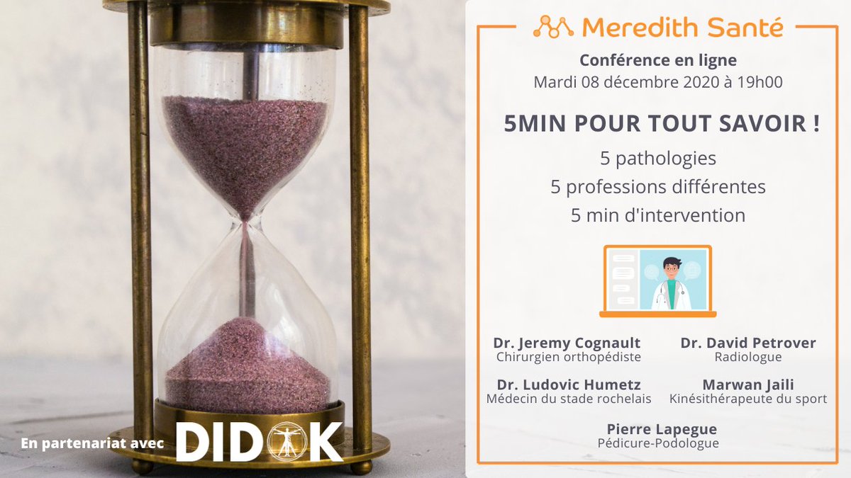 MeredithSante's tweet photo. 𝟱 𝗠𝗜𝗡 𝗣𝗢𝗨𝗥 𝗧𝗢𝗨𝗧 𝗦𝗔𝗩𝗢𝗜𝗥 !
Conférence en ligne en partenariat avec Didok, ce mardi 08 décembre 2020 à 19h00.
𝟱 𝗣𝗔𝗧𝗛𝗢𝗟𝗢𝗚𝗜𝗘𝗦/ 𝟱 𝗣𝗥𝗢𝗙𝗘𝗦𝗦𝗜𝗢𝗡𝗦 𝗗𝗜𝗙𝗙𝗘́𝗥𝗘𝗡𝗧𝗘𝗦/𝟱 𝗠𝗜𝗡 𝗗'𝗜𝗡𝗧𝗘𝗥𝗩𝗘𝗡𝗧𝗜𝗢𝗡
Inscription : https://t.co/M6Ryrr7pS9 https://t.co/Qs9xz4Mh85