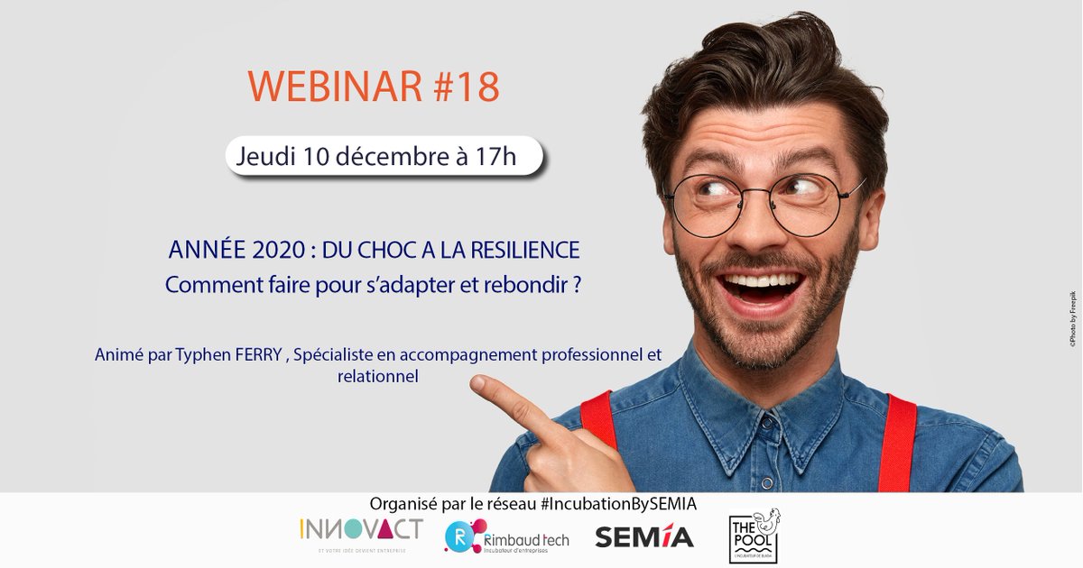 [WEBINAR]
10/12/20 à 17:00
"Année 2020 : Du choc à la #résilience"
Typhen FERRY vous invite à prendre de la hauteur sur cette année 2020, à comprendre les changements liés à la crise sanitaire, à les accepter et surtout, à rebondir.
Inscription : us02web.zoom.us/.../141.../WN_…