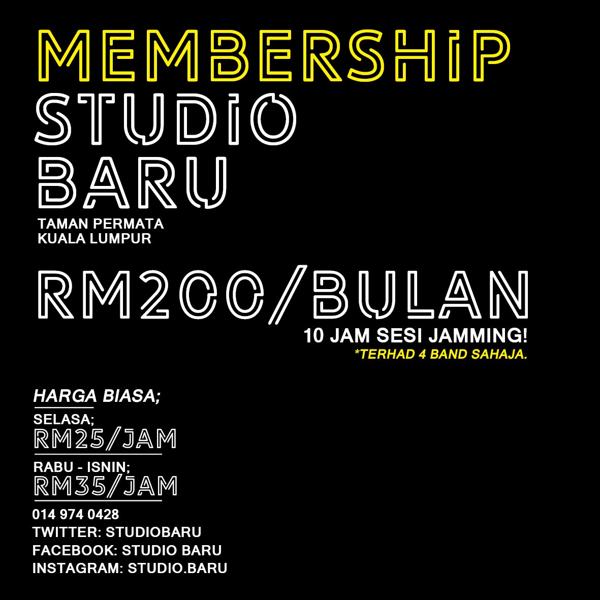 StudioBaru's tweet photo. Selamat Isnin! Ngkorang dah ada tempat nak jamming ke belummmm?

Meh jamming di @StudioBaru. Hanya rm35/jam, kecuali promo hari Selasa iaitu rm25/jam. RM20/jam kalau jadi membership!

Whatsapp &amp; tempah ruang jamming ngkoranggg. 

Klik link untuk whatsapp;
https://t.co/D7lNe30TvB https://t.co/7qGC75fGNt