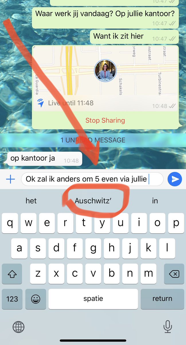 FleurLaunspach's tweet image. Ik typ niet eens een ‘A’ in maar Whatapp predictive text vult alvast ‘Auschwitz’ voor me in?? Wat is dit voor algoritme? #apple #predictivetext