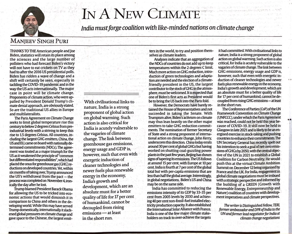My piece in the Indian Express today pushing for India to build GREEN (Growth with Renewable Energy, Entreprenuership and Nature) coalition in global climate negotiations. @IndianExpress #ClimateAction #GREEN indianexpress.com/article/opinio…