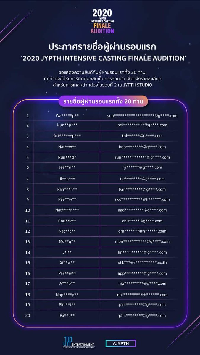 JYPE_TRAINEES's tweet photo. [🔈] ประกาศรายชื่อผู้ผ่านรอบแรก 
2020 JYPTH INTENSIVE CASTING 
 ✨ 𝗙𝗜𝗡𝗔𝗟𝗘 𝗔𝗨𝗗𝗜𝗧𝗜𝗢𝗡 ✨ 

The top 20 contestants who passed the 1ST ROUND AUDITION and will advanced to the next round are:

#JYPETRAINEES #JYPTHAUDITION 
#INTENSIVECASTING
#JYPTHFINALEAUDITION
#JYPTH https://t.co/CNxTQWW6aE