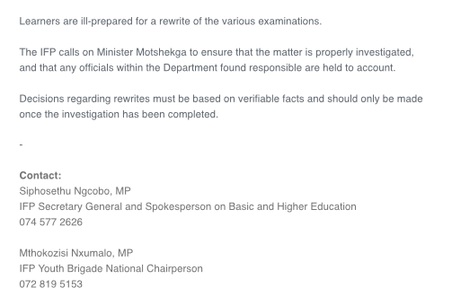 vote_ifp's tweet photo. [STATEMENT] IFP REJECTS #matricrewrite

The IFP, together with the IFP National Youth Brigade (IFPYB), rejects the latest statement delivered by @DBE_SA  Minister, Angie Motshekga, that the Department will go ahead with rewrites of the matric exam papers that were leaked. https://t.co/XuvzTvRi0i