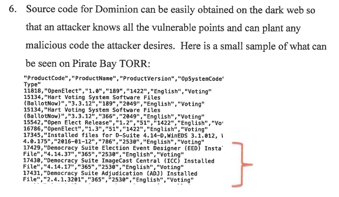 Now, on to the next point. This one should be easier to break down, and is also hilariously dumb. He basically claims that Dominion source code can be found on the dark web, and then includes a text snippet showing a "sample of what can be seen on Pirate Bay TORR" 