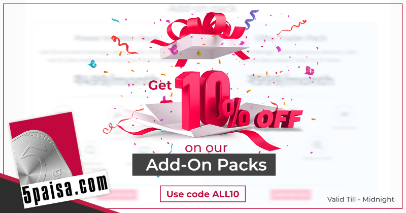 5paisa's tweet photo. Get 10% off on our Add-On packs. Pay 50% less brokerage and get access to research tools for free. Hurry offer valid till midnight only. Use code - ALL10
#5paisaAddon #subscribe #investor #ultratrader