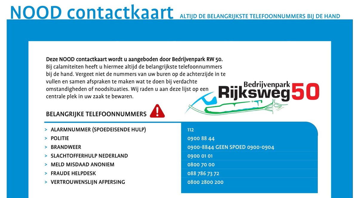 Ondernemers op <a href="/RW50kampen/">Bedrijvenpark RW50</a> opgelet! Er is een nieuwe #calamiteitenkaart beschikbaar. Deze kaart kunt u downloaden, printen en op een #centrale plaats in uw bedrijf hangen. Altijd handig in #noodgevallen. 
De kaart staat op onze website: buff.ly/36PS1iQ