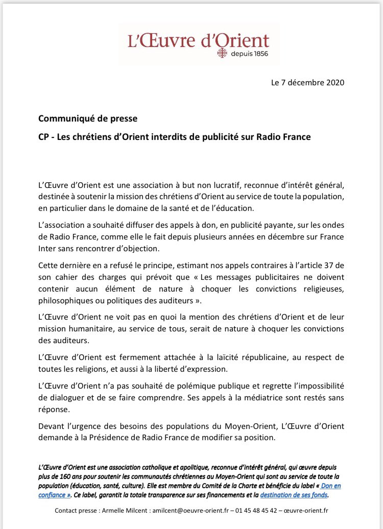 OeuvredOrient's tweet photo. Les chrétiens d’Orient interdits de publicité sur ⁦⁦@franceinter⁩. https://t.co/MmOtVURhPK