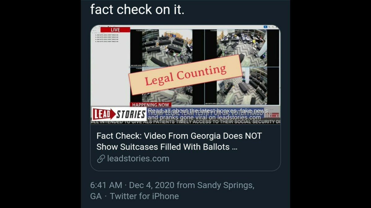 New thread...I'm gonna bring a little thunder and lightning with this one... Gabriel Sterling posted this little number yesterday evening and he decided to use lead stories as a fact check on the election fraud, so let's run with it shall we... https://leadstories.com/hoax-alert/2020/12/fact-check-video-from-ga-does-not-show-suitcases-filled-with-ballots-pulled-from-under-a-table-after-poll-workers-dismissed.html