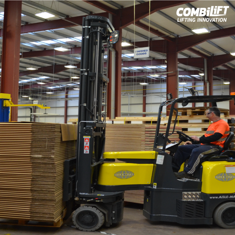 Combilift's tweet photo. The Aisle Master has the ability to operate in very narrow aisles in the warehouse – as narrow as 1.6m – The Aisle Master articulated forklift increases and maximises storage capacity. #Forklift #ArticulatedForklift #Packaging #PackagingWarehouse #PackagingSolutions