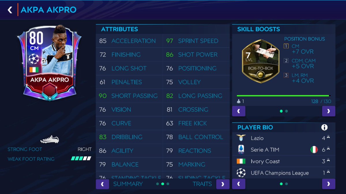 And CMs.. based on Passing+Shooting+Defending.. I'm happy to suggest Rabiot.. awesome boost for defending and not bad at shooting too.. his short passing is great.. and no wonder than Akpa ... what a card.. and the unknown beast is Ward.. I faced him in few matches.. And feel wow