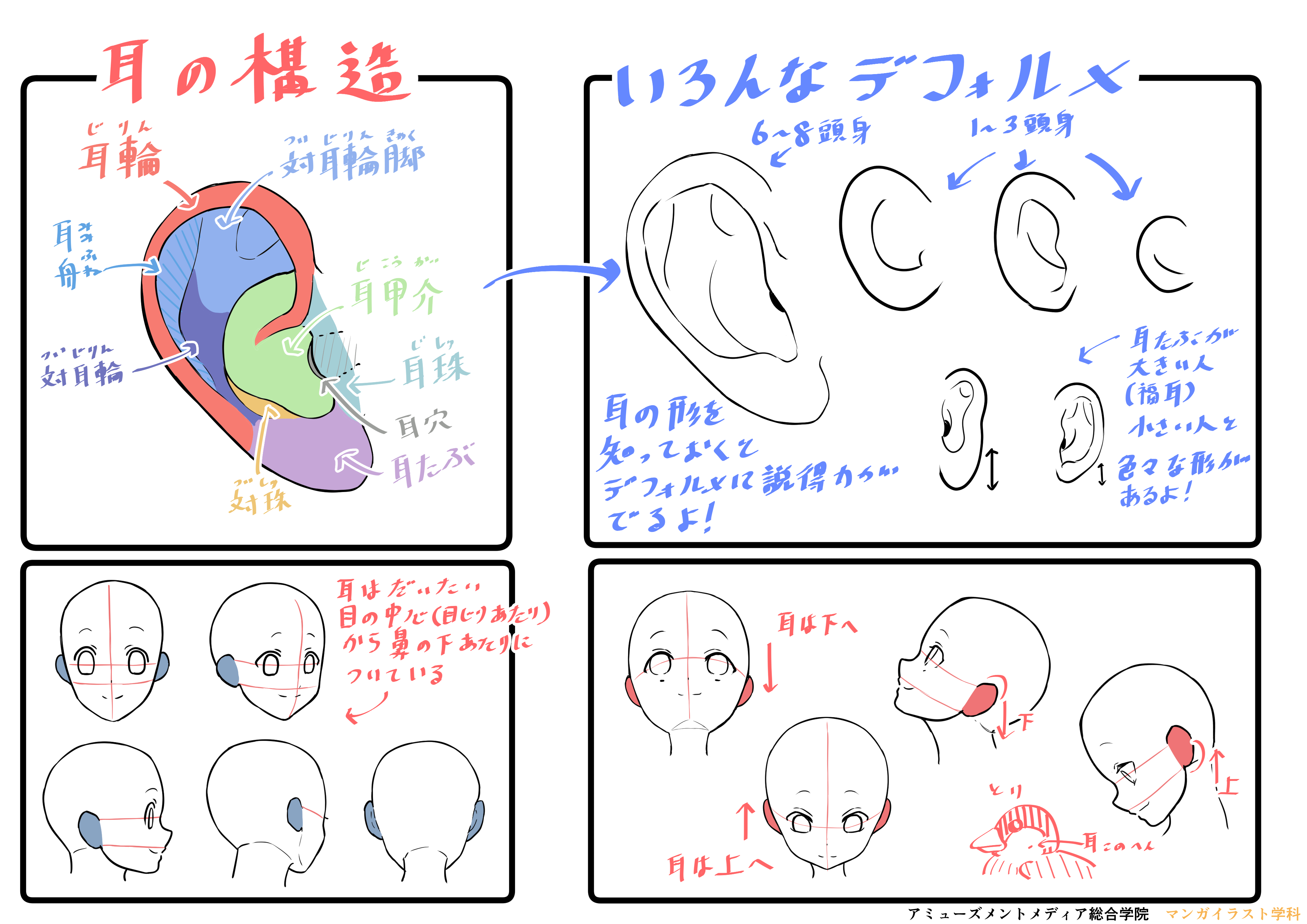 アミューズメントメディア総合学院 マンガイラスト学科 Amg 週刊 マンガイラスト描き方講座 今回のテーマは耳 なんとなくデフォルメして描くより 位置や構造を理解した上でデフォルメした方が らしさ が増します 詳しくはブログもどうぞ