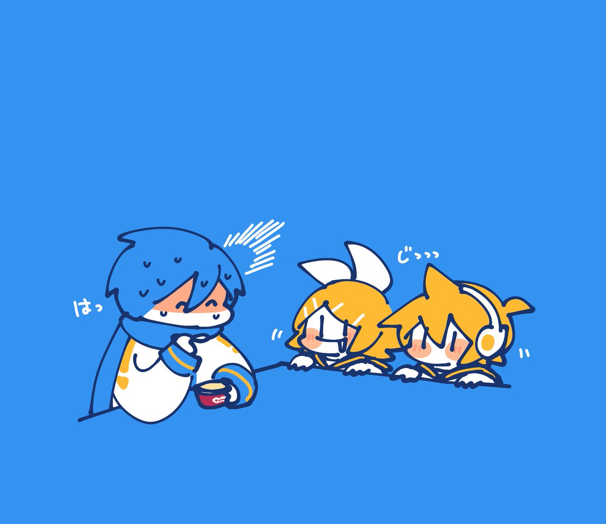 kagamine len ,kagamine rin ,kaito (vocaloid) 2boys blue scarf multiple boys scarf 1girl blonde hair blue hair  illustration images