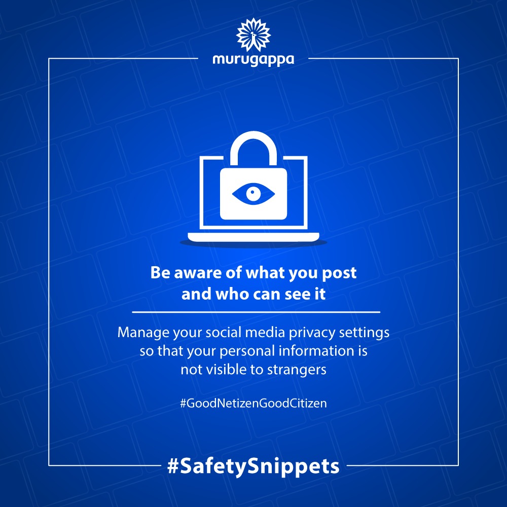 Murugappa_Group's tweet photo. Update your social media privacy settings to prevent giving strangers access to your personal information!

P.S: Your social profile is an extension of you. Be aware of who can see it!  

#SafetySnippets #GoodNetizenGoodCitizen #MurugappaGroup #OnlineSafetyTips #OnlineSafety https://t.co/lKkQGiJcYF