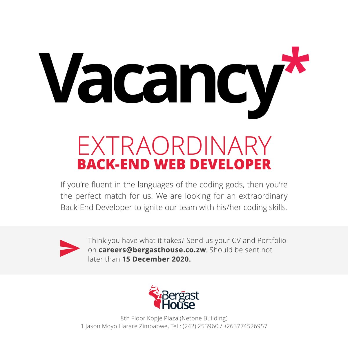 bergasthouse's tweet photo. If you’re fluent in the languages of the coding gods, then you’re the perfect match for us! We are looking for an extraordinary Back-End Developer to ignite our team with his/her coding skills. 

Are you our perfect match?Send us your CV &amp; Portfolio on careers@bergasthouse.co.zw. https://t.co/zTpdhheWj1