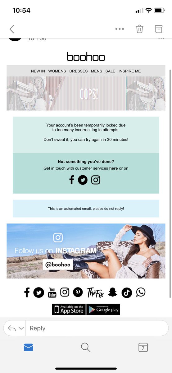 BryonyWinter's tweet photo. @boohoo_cshelp I’ve had someone try and sign into my account every half an hour since 4am not sure what to do. https://t.co/EMEbfZwHNm