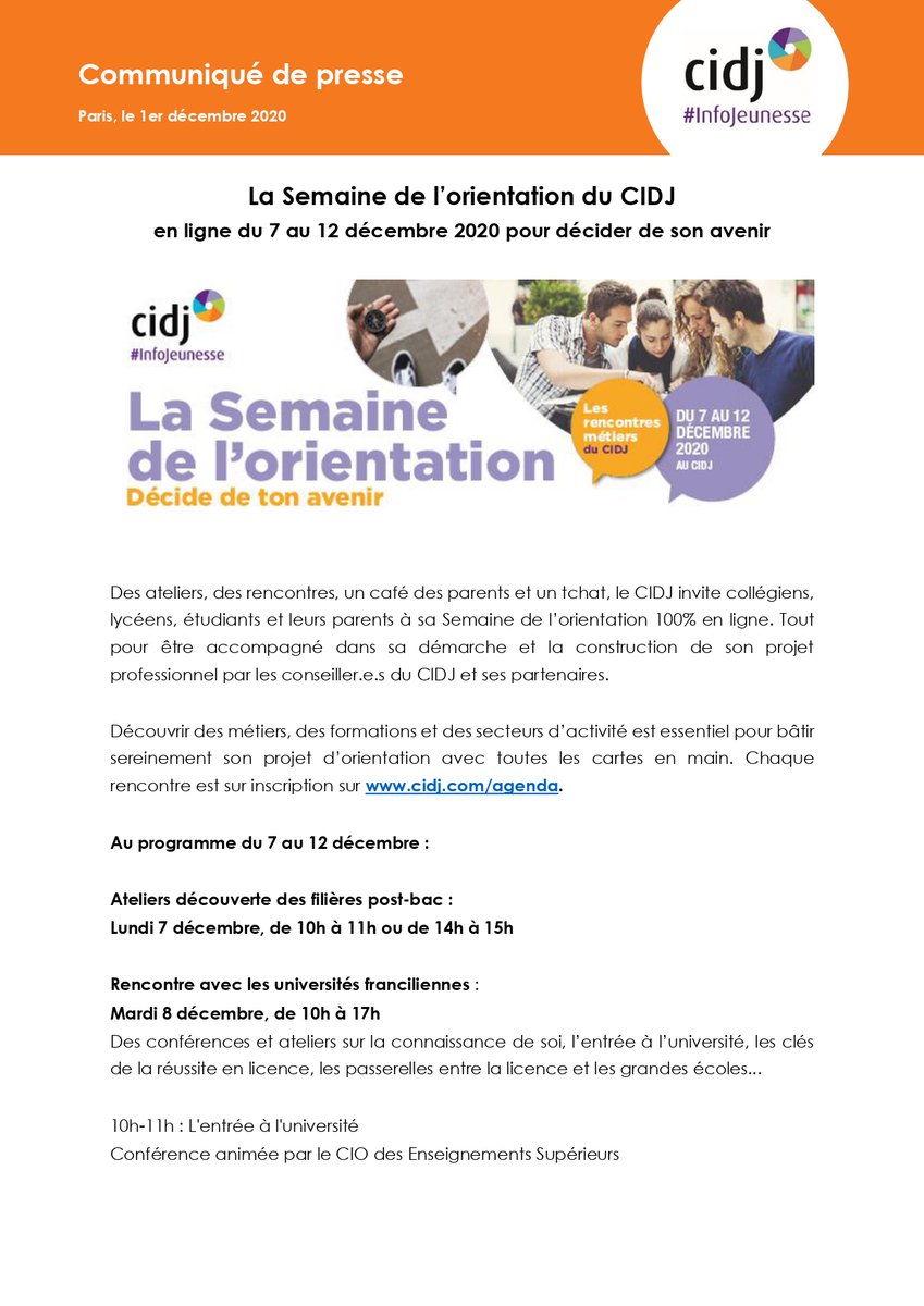 Le_CIDJ's tweet photo. 📰 [#Communiqué]

Des #ateliers, des #rencontres, un café des parents et un #tchat, le CIDJ invite #collégiens, #lycéens, #étudiants et leurs #parents à notre semaine de l'#orientation 100% en ligne. 
👉 https://t.co/LZQsFncSHE 👇 https://t.co/e4WTukTWoc