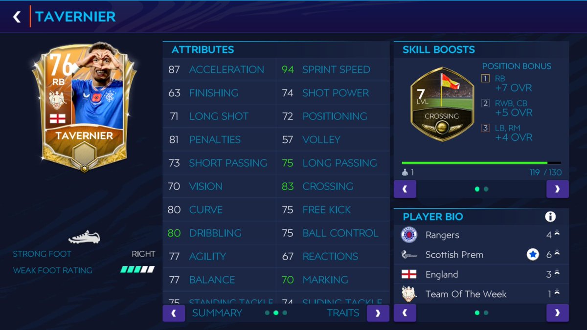 RBs.. not many RBs released till.. from the base cards.. Semedo is awesome coz of his pace and Walker seals his place too.. and the unknown beast is Tavernier.. if we train him to 85.. his is the best..