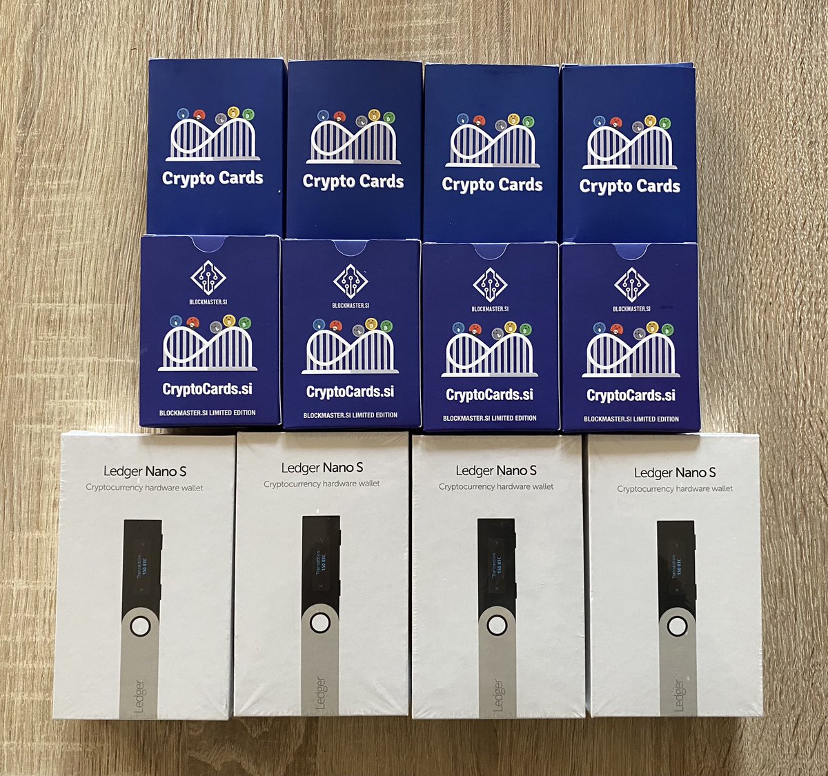 CryptowaterSi's tweet photo. Welcome packs are ready for our private sale backers.  Pledge at least 1000€ to #CryptoWater and get a complimentary @Ledger + deck of original @PlayCryptoCards special edition pack of  @CryptoCardsSi . At the moment we can only ship to #EU member states. https://t.co/gq7wvVWmUq https://t.co/4v4XnAlAIi