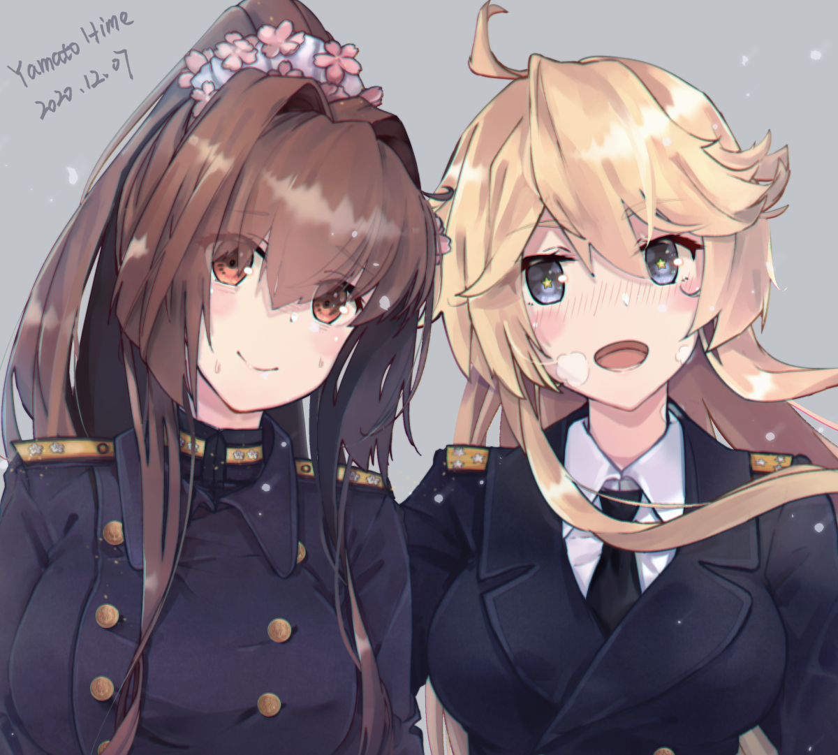 iowa (kancolle) ,yamato (kancolle) multiple girls 2girls blonde hair brown hair blue eyes military military uniform  illustration images