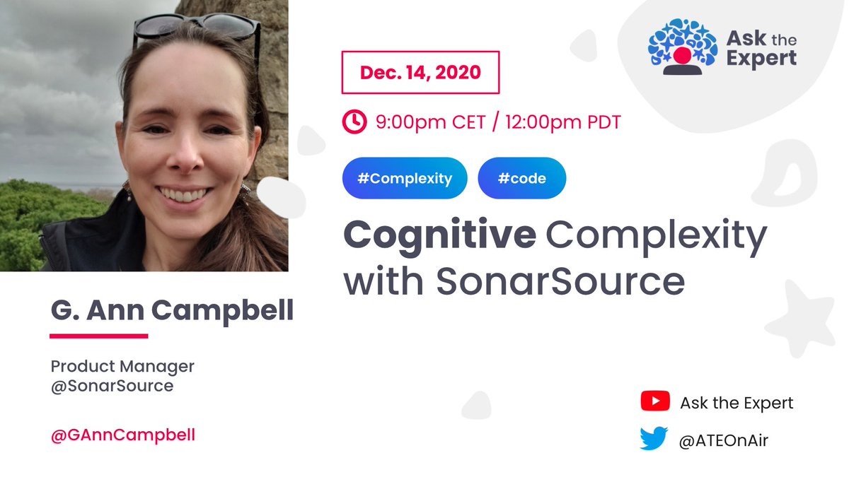 ATEOnAir's tweet photo. In just a week, we will talk #CognitiveComplexity 💪 with @GAnnCampbell from @SonarSource. Don't miss the point: https://t.co/YWu6lXhgHG https://t.co/V9gvAYw5rG