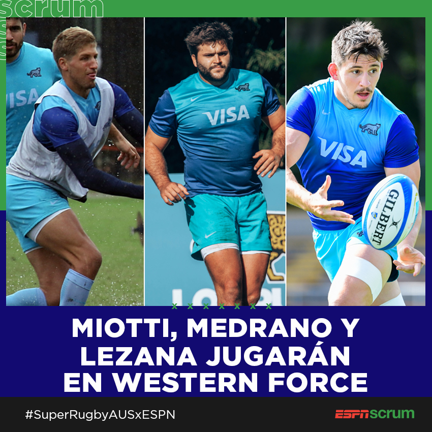 ScrumESPN's tweet photo. 📣🏉 Se terminó el #TresNaciones y se mueve el mercado de pases para los jugadores argentinos. Domingo #Miotti, Santiago #Medrano y Tomás #Lezana continuarán su carrera en #WesternForce. Se suman a Tomás #Cubelli y a Julián #Montoya que ya habían acordado su llegada al club. 🇦🇺 https://t.co/TY2Smi1Ech